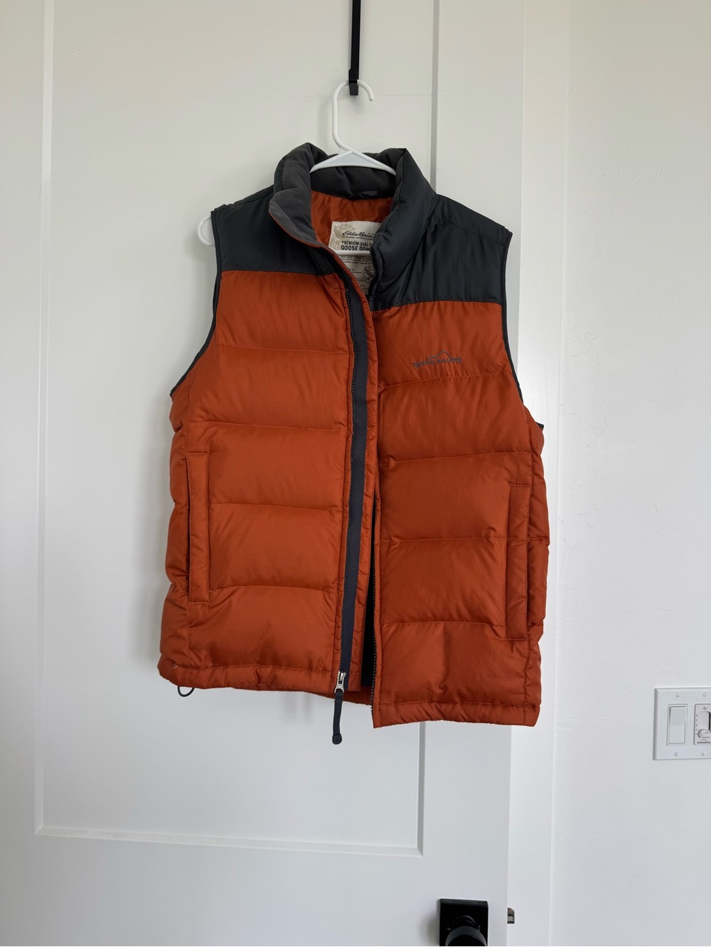 Eddie Bauer Orange Puffer Goose Down Vest with Charcoal Yoke